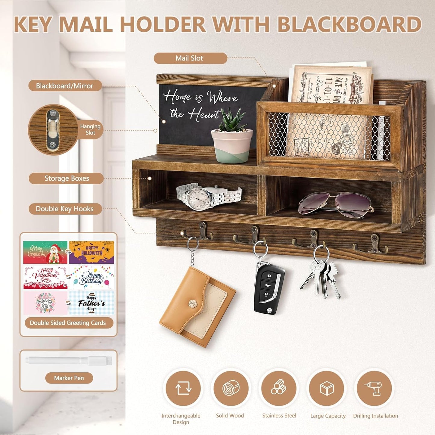 Key Holder Wall Mount, Wooden Mail and Key Organizer with Chalkboard and Mirror, 3 Greeting Cards, 8 Hooks, Brown