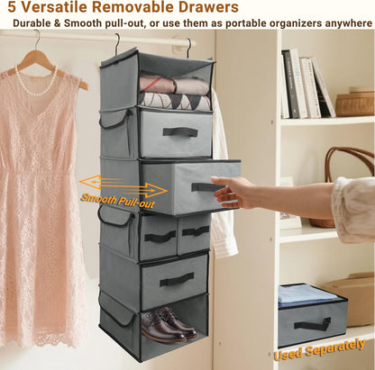 2-in-1 Durable 6-Tier Hanging Closet Organizer with 4 Removable Drawers,2 Separable 3-Tier Thickened Fabric Hanging Shelf Clothes Storage Organization Space-saving for Bedroom,Dorm,Guestroom,RV,Travel