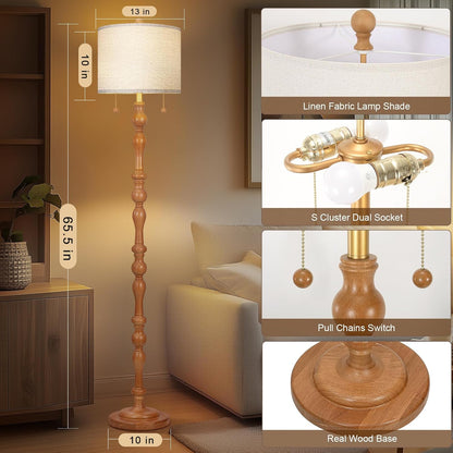 Scenekoy 65.5” Natural Real Wood Floor Lamp for Living Room Bedroom, Dual S Cluster Socket, Pull Chains Switch, Farmhouse Tall Standing Lamp with Linen Shade for Home Room Decor (Bulbs Included)