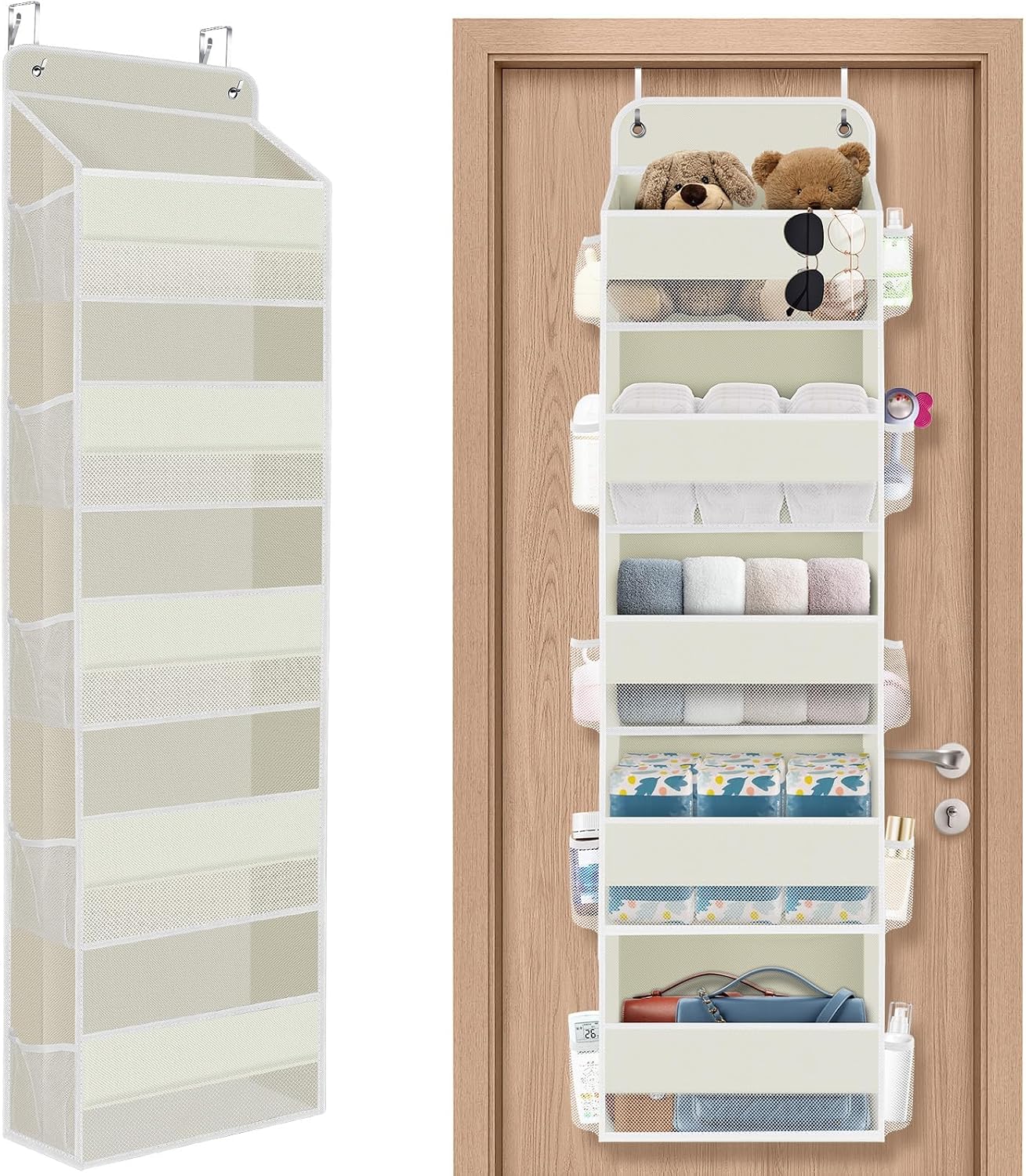 SpaceHacks 1 Pack Over The Door Organizer, Hanging Storage Organizer with Clear Window, 40lb Ultra Sturdy Large Capacity Room Organizer for Pantry Laundry Bathroom Nursery Closet Baby Essential (Grey)