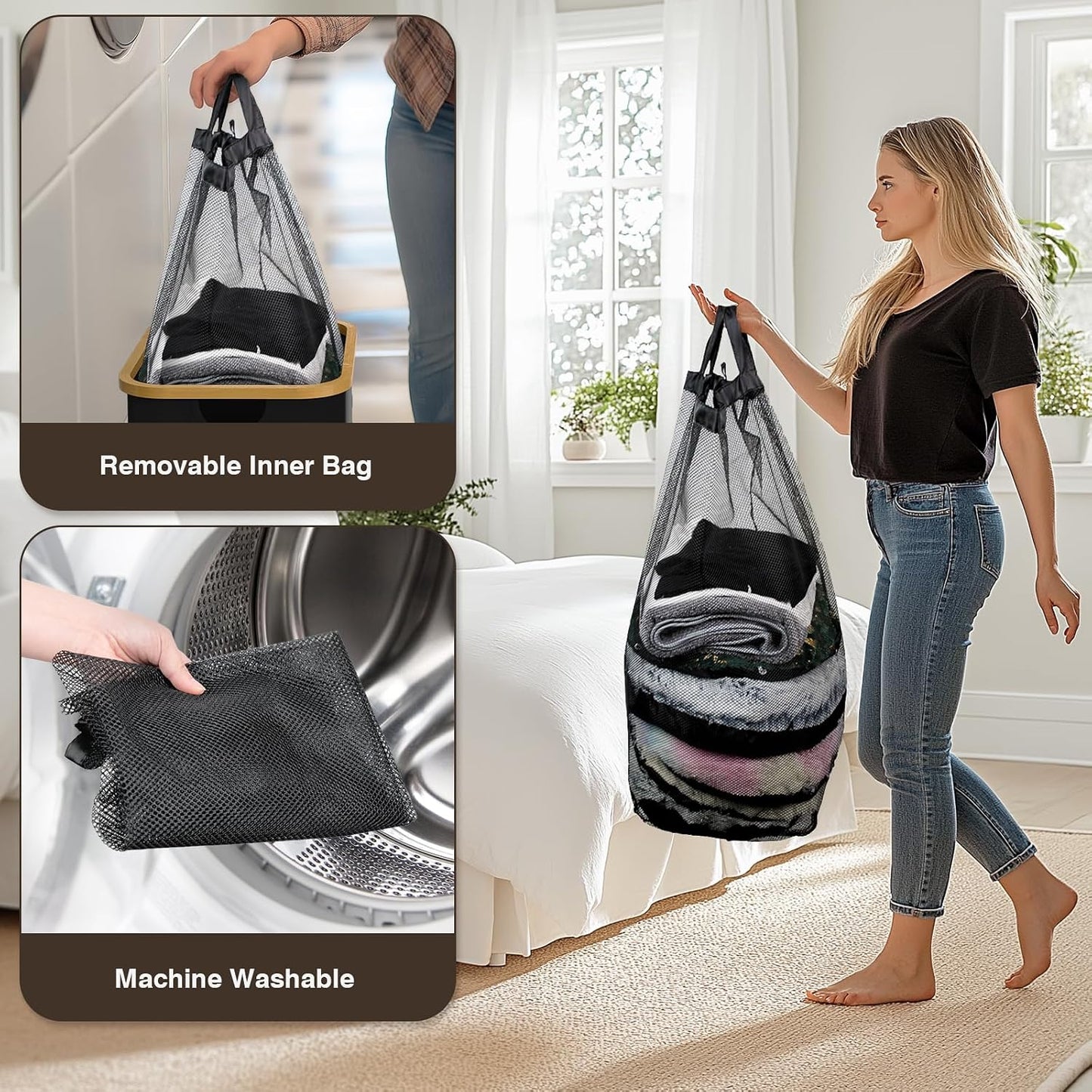 160L Laundry Hamper with Lid, 3 Section Laundry Basket with 3 Removable Bag | Clothes Hampers for Laundry with Bamboo Frame Handle, Large Dirty Clothes Hamper for Laundry Room, Bathroom, Bedroom, Black