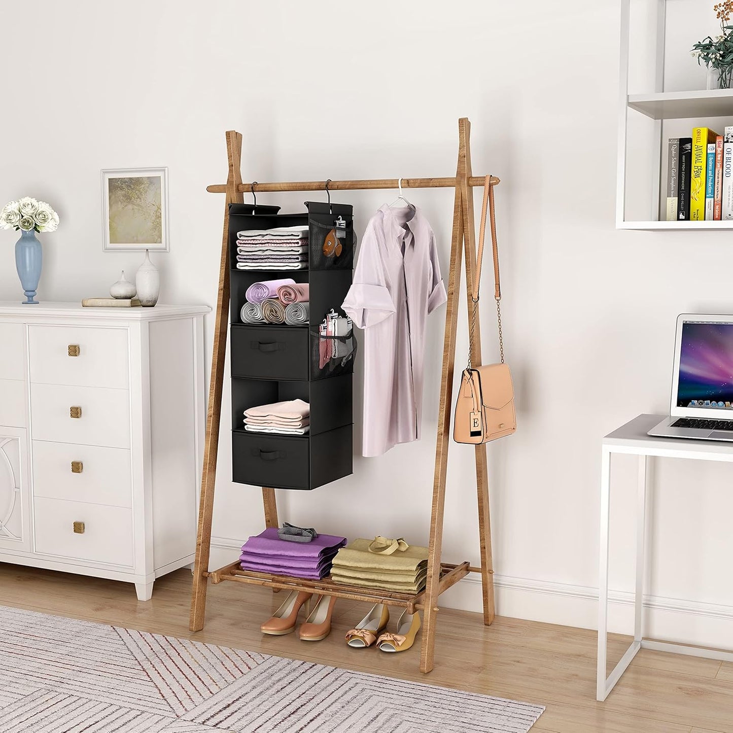 MAX Houser 4-Shelf Hanging Closet Organizer, Space Saver, Cloth Hanging Shelves with 2 Side Pockets, Foldable (Beige)