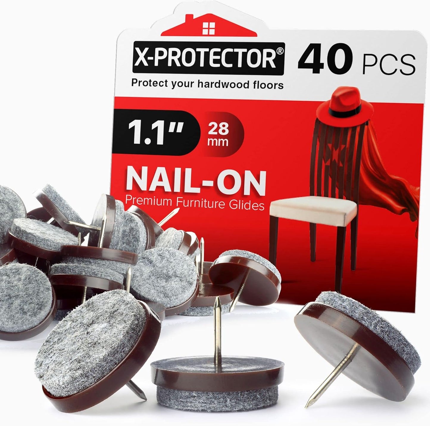 Nail-on Felt Pads X-PROTECTOR 40 PCS - 0.85" Felt Furniture Pads - Brown Chair Leg Floor Protectors - Nail in Furniture Pads for Furniture Legs - The Best Felt Chair Pads for Hardwood Floors (22mm)!