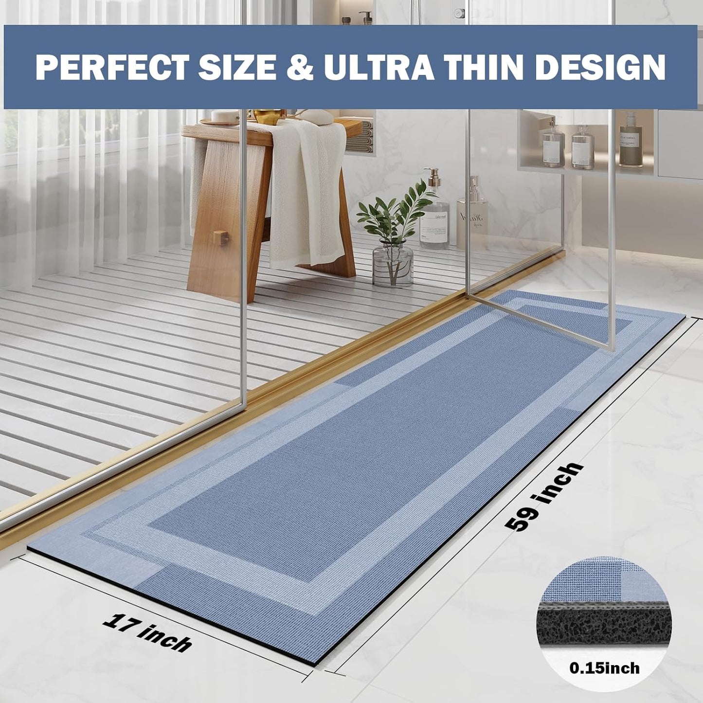 YDKGL Non Slip Bath Mat, Rubber Backing Ultra Thin Bathroom Rugs Fit Under Door Quick Dry Super Absorbent Washable Bath Rug Shower Mat for Bathroom Floor Bathtub Shower Sink, Easy Care Blue 16"x 24"