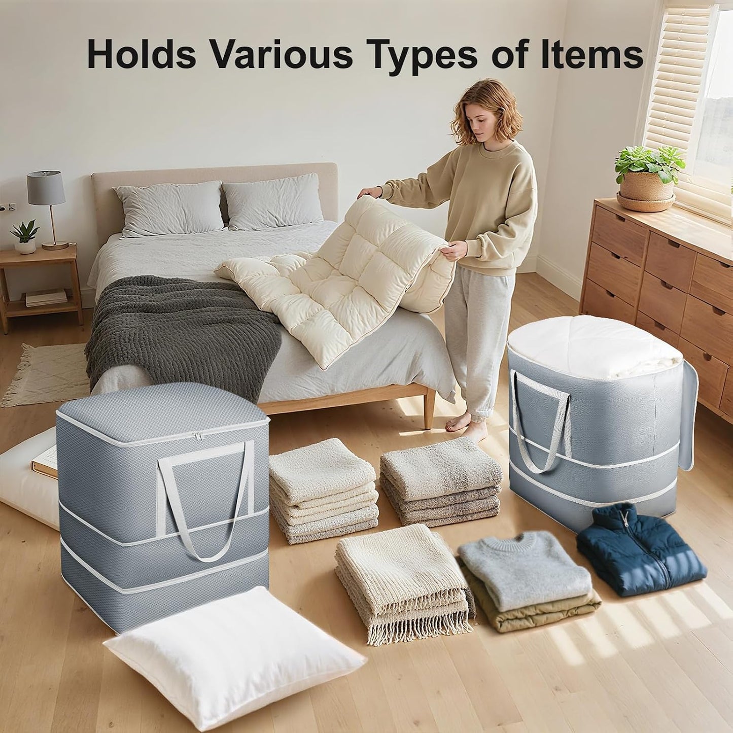Comforter Storage Bag - Large Capacity Blanket Storage Bags 3-Layer Ultra Space Saving Self Compression Organizer, Washable Compression Bags for Storage Comforter Blanket, 2-Pack, Beige