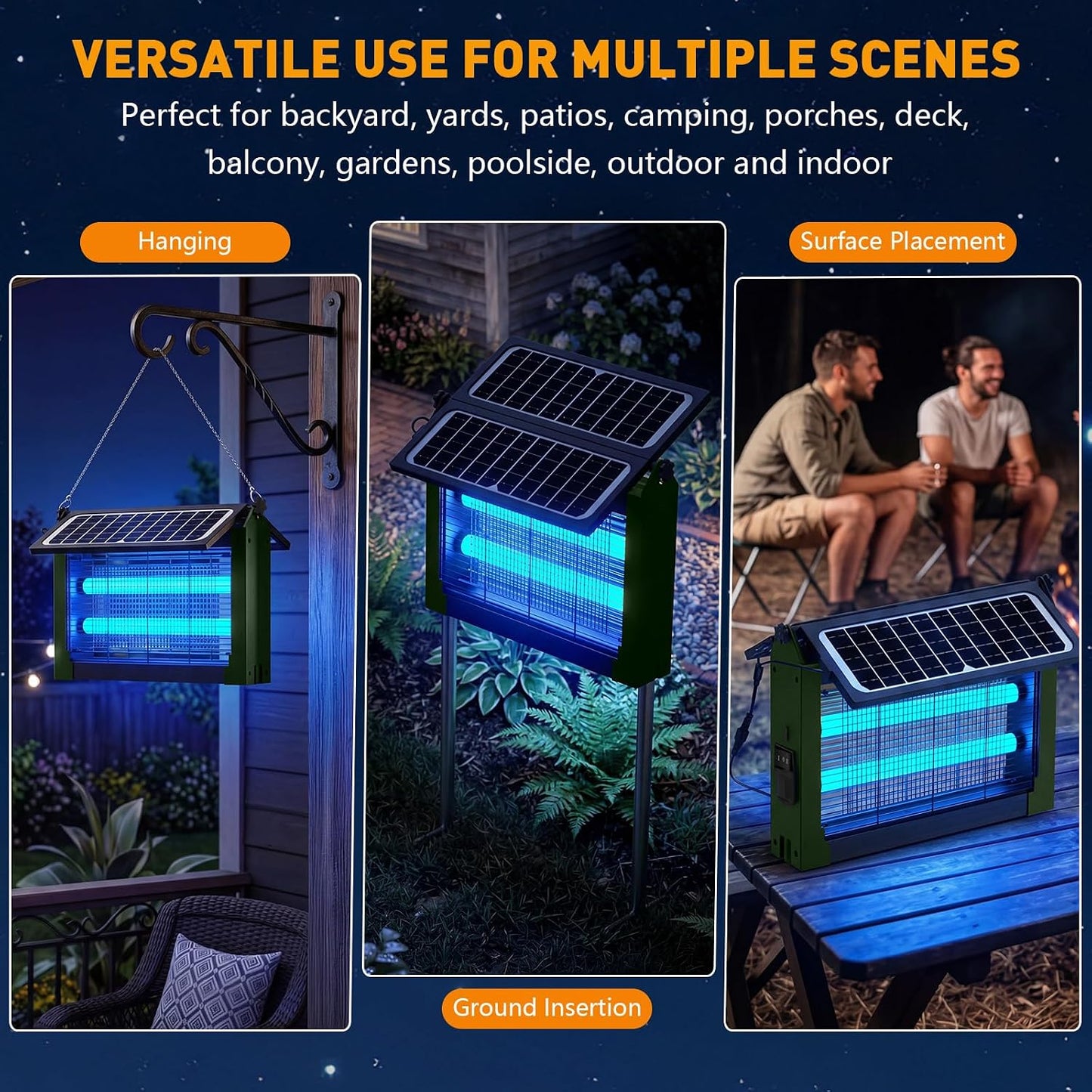 Solar Bug Zapper Outdoor, 4500V Solar Mosquito Zapper with Dual Solar Panels, 1/2 Acre Coverage Cordless Rechargeable Electric Fly Zapper, IPX5 Waterproof Mosquito Traps for Backyard, Patio, Camping