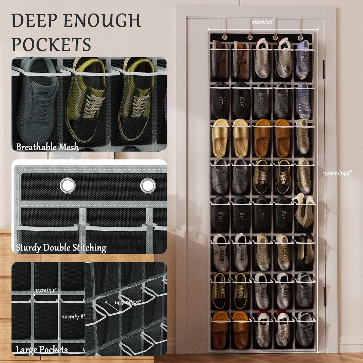 homyfort Over the Door Shoe Organizer, Hanging Shoe Rack Storage Holder with 24 Large Pockets for Closet Door, Men Women Kids Shoes, Cruise (Black)