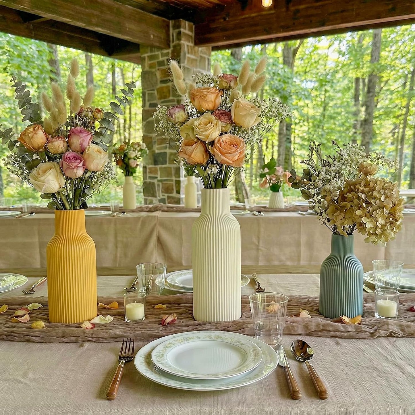White Ceramic Flower Vases Set of 3, Modern Matte Vertical Ribbed, Nordic Minimalist Decor for Pampas, Dried & Fresh Flowers, Centerpiece for Living Room, Shelf, Entryway, Wedding,Office