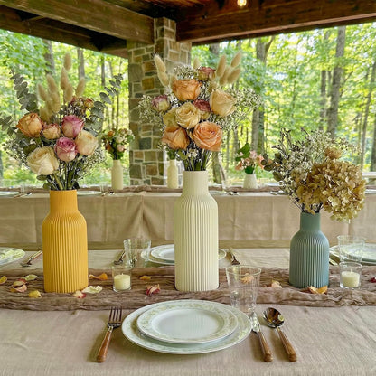 White Ceramic Flower Vases Set of 3, Modern Matte Vertical Ribbed, Nordic Minimalist Decor for Pampas, Dried & Fresh Flowers, Centerpiece for Living Room, Shelf, Entryway, Wedding,Office