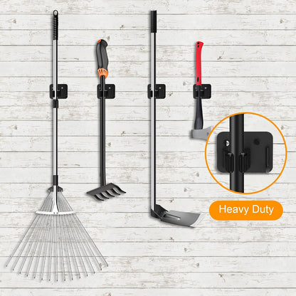4 Pack Stainless Steel Mop and Broom Gripper with Hook, Screw Drilling or Self Adhesive Mop and Broom Holder Wall Mount, Storage Rack for Closet Laundry Garage Garden Tool Organizer, Silver