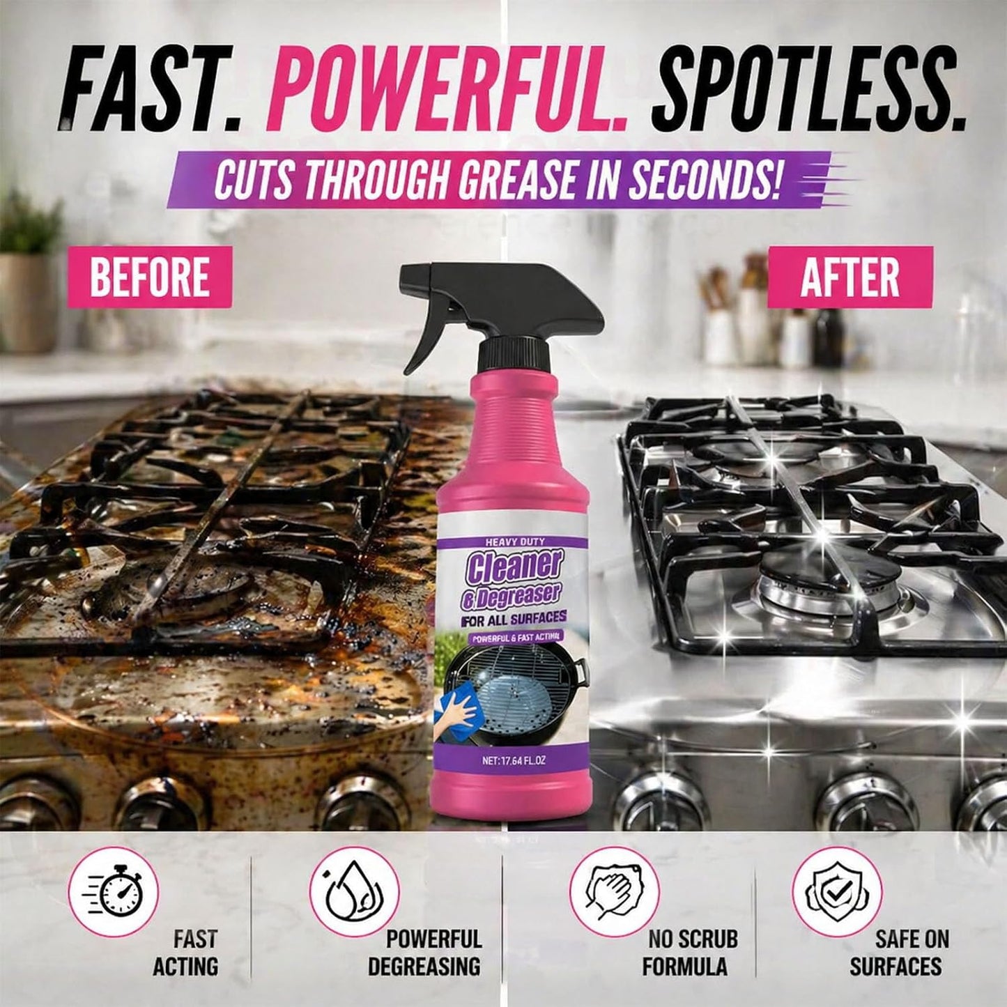 Fast-Acting Heavy-Duty Grill Degreaser Spray, Heavy Duty Degreaser Spray, Removes Grease, Oil & Grime, No Residue, Kitchen Grill Oven Engine Cleaner for Home & Automotive Use (1pcs)