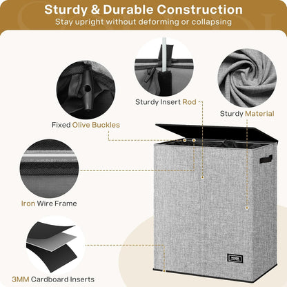 SOLEDI Luxury Double Laundry Hamper with Lid and Removable Bags, 38.3 Gal Large Laundry Bin, Laundry Basket 2 Sections, Collapsible Clothes Hamper for Bedroom, Laundry Room, Bathroom, Off-white