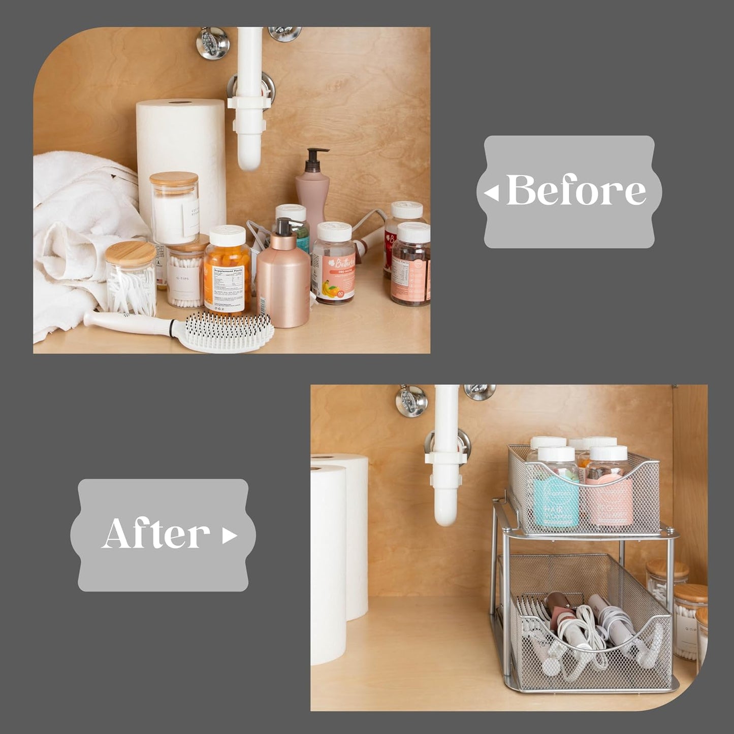 Sorbus 2 Tier Metal Under Sink Organizer for Bathroom, Kitchen, Strong Steel Mesh Sliding Drawers for Under Sink, Under Cabinet, Closet, Kitchen, Pantry, Bathroom Organizers and Storage (Black)