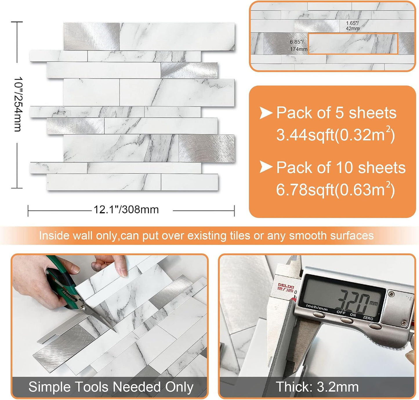 VAOVI Backsplash Tile Peel and Stick Kitchen Stone Subway Linear Mosaic Bathroom Shower Wall Waterproof(10pcs,Gray)