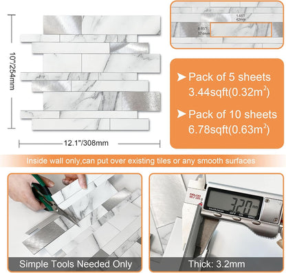 VAOVI Backsplash Tile Peel and Stick Kitchen Stone Subway Linear Mosaic Bathroom Shower Wall Waterproof(10pcs,Gray)