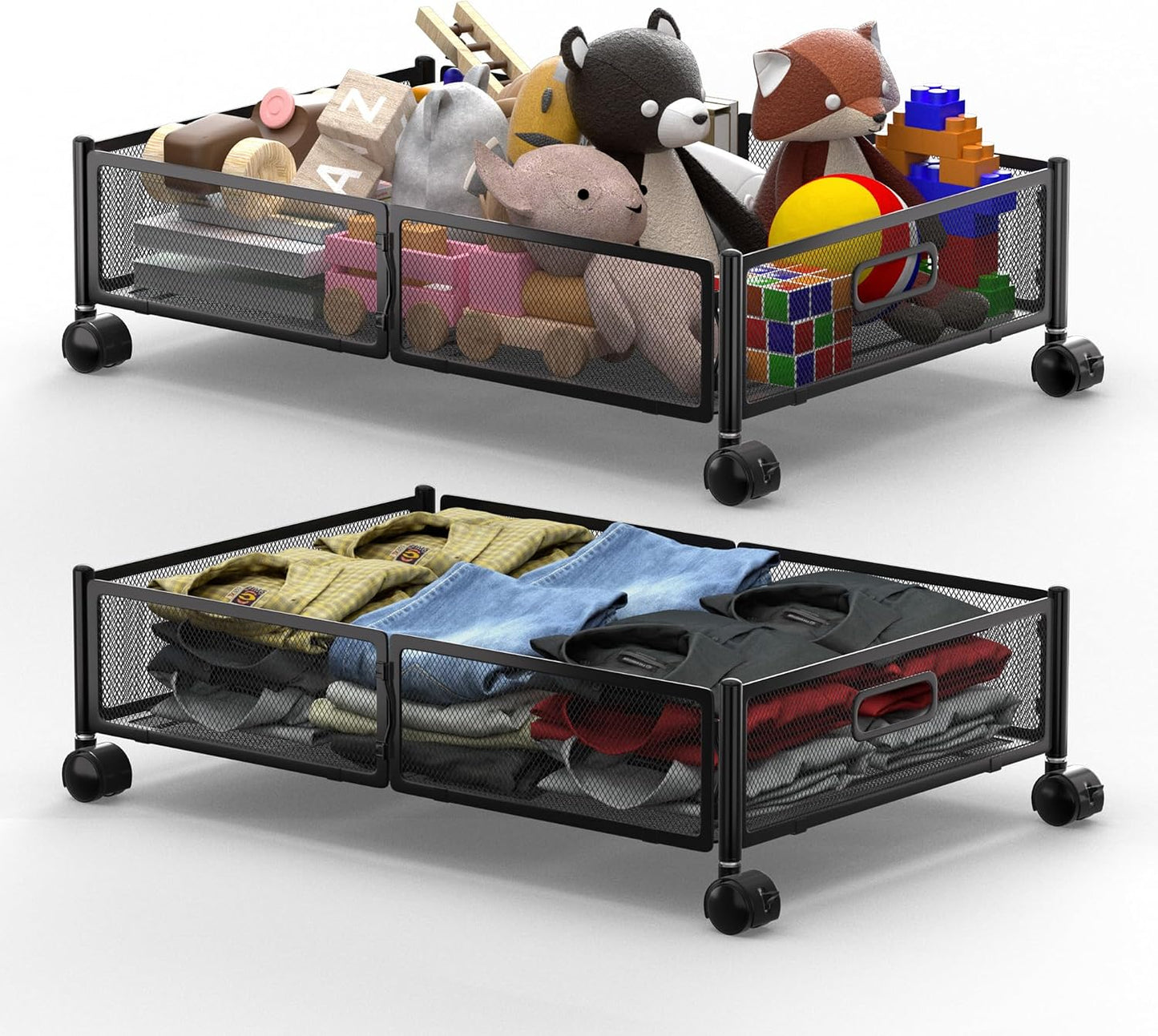 Under Bed Storage with Wheels, Foldable Metal Under Bed Storage Containers, 60L Rolling Underbed Storage, Easy Assembly Under The Bed Storage for Bedroom Clothes Shoes Blankets