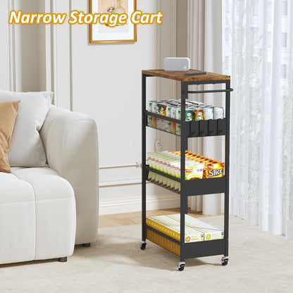 Vincona 7.1" Wide Slim Storage Cart on Wheels, 4 Tier Metal Narrow Rolling Cart with Handle and Wood Top, Multifunctional Small Mobile Shelf Unit Organizer Trolley for Laundry, Bathroom, Kitchen