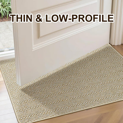 Ultra Thin Door Mat Indoor Entrance 17"x29", Low-Profile Indoor Door Mat, Non Slip Entry Mat Rubber Backing Unique Herringbone Design Inside Doormat Dirt Trapper Entryway Mats, Beige