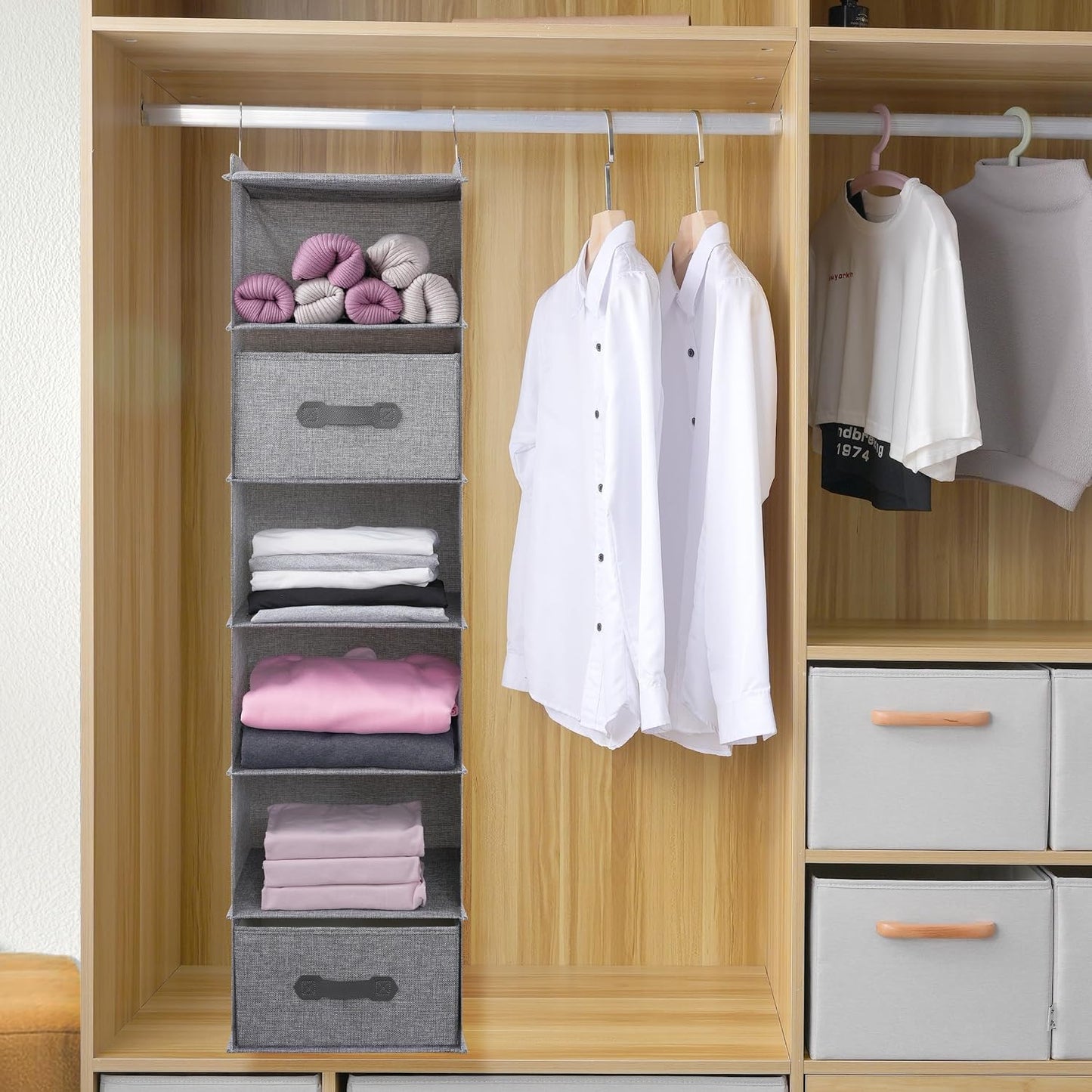 Large Hanging Sweater Organizer for Closet,Collapsible 6-Shelf Hanging Closet Shelves with Drawers, Washable (Grey-6 Shelf)