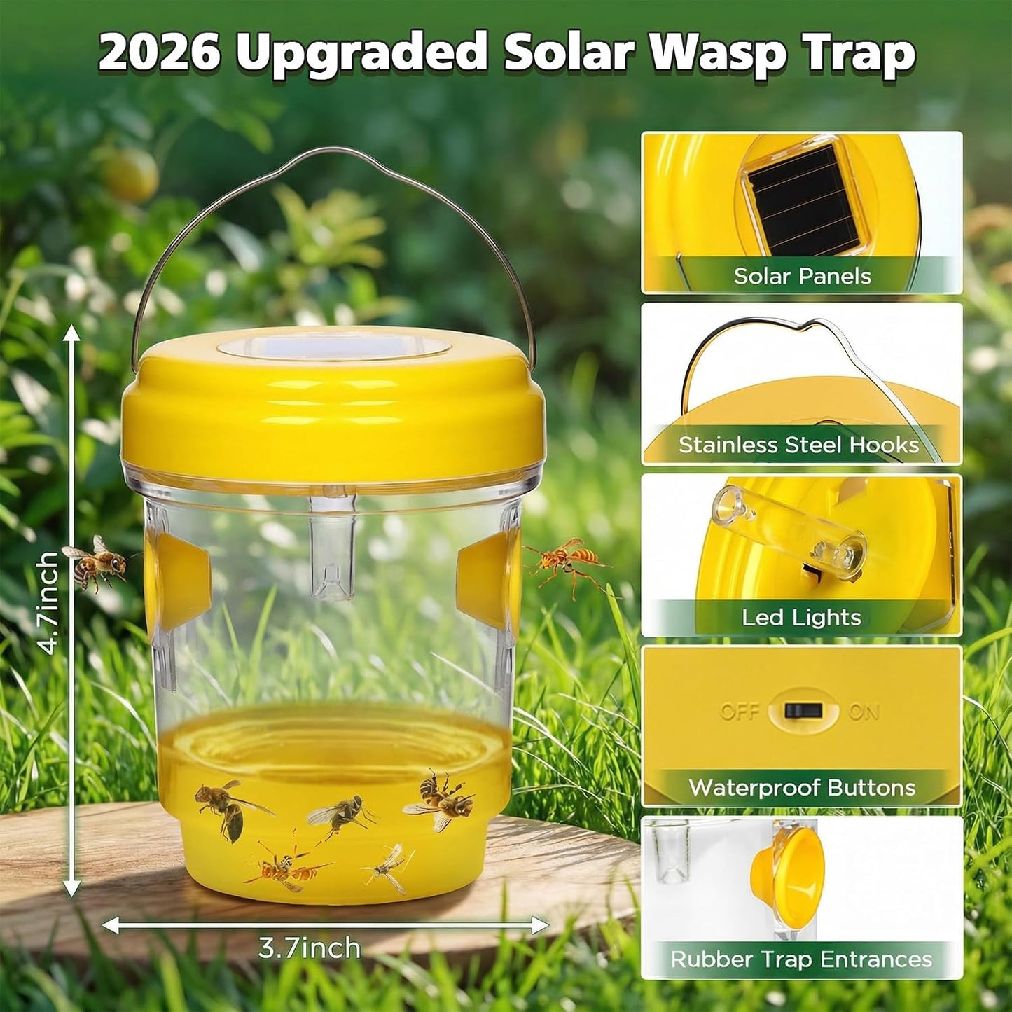 Wasp Trap Solar Powered 4 Packs, 2026 Upgrade Yellow Jacket Trap, Bee Traps Outdoor Hanging, Carpenter Bee Traps for Outside, Flying Insect Trap Reusable Hornet Catcher with LED Light