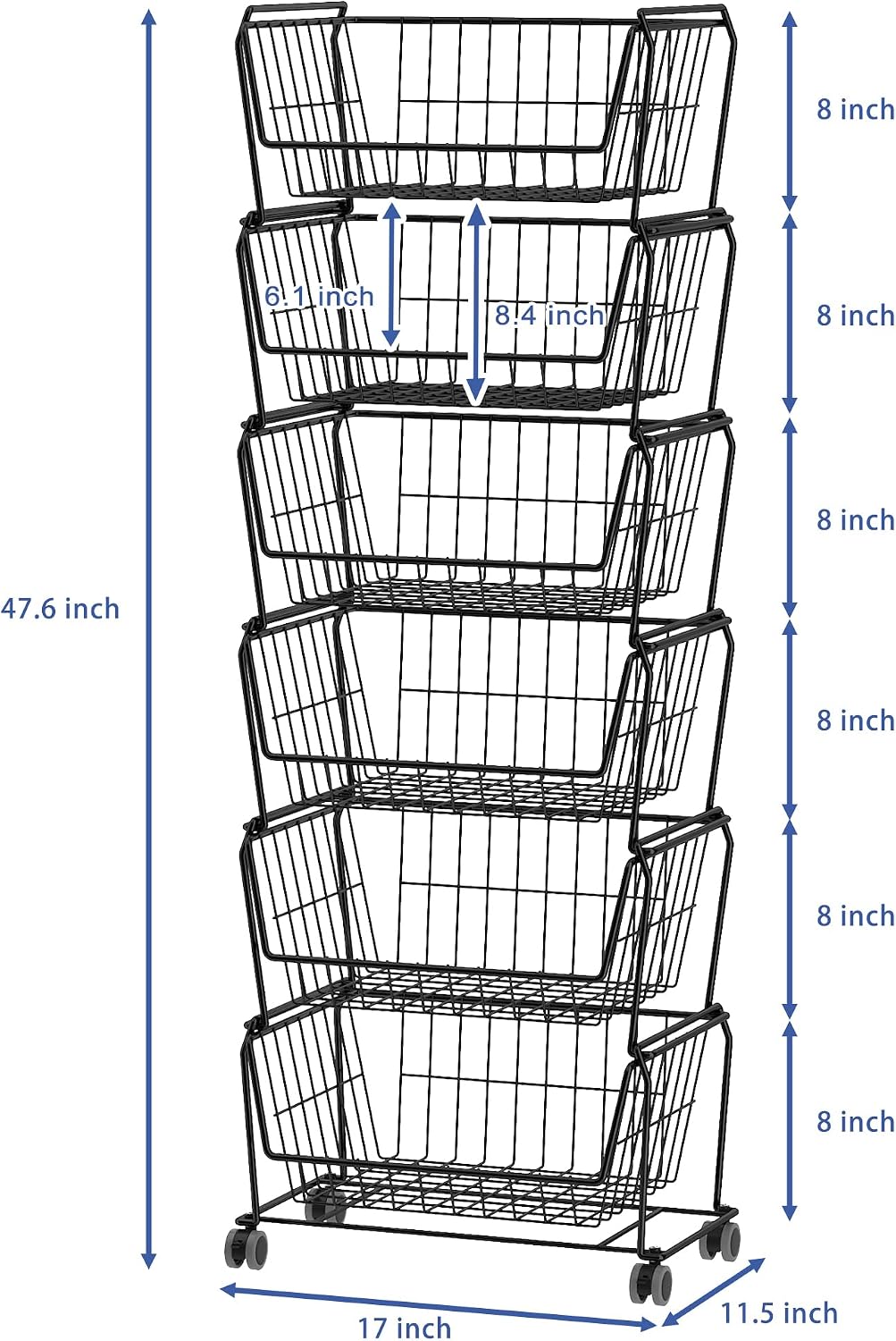 PUSDON 6-Tier Tall Stackable Wire Storage Baskets with Wheels, Vertical Metal Rolling Utility Cart, High Capacity Produce Basket for Kitchen Pantry, Snack Organizer, Matte Black