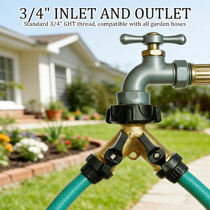 Hourleey Brass Garden Hose Splitter 2 Way, 3/4 Inch Hose Connector Tap Splitter, Hose Y Splitter, Hose Spigot Adapter 2 Valves with Extra Rubber Washers
