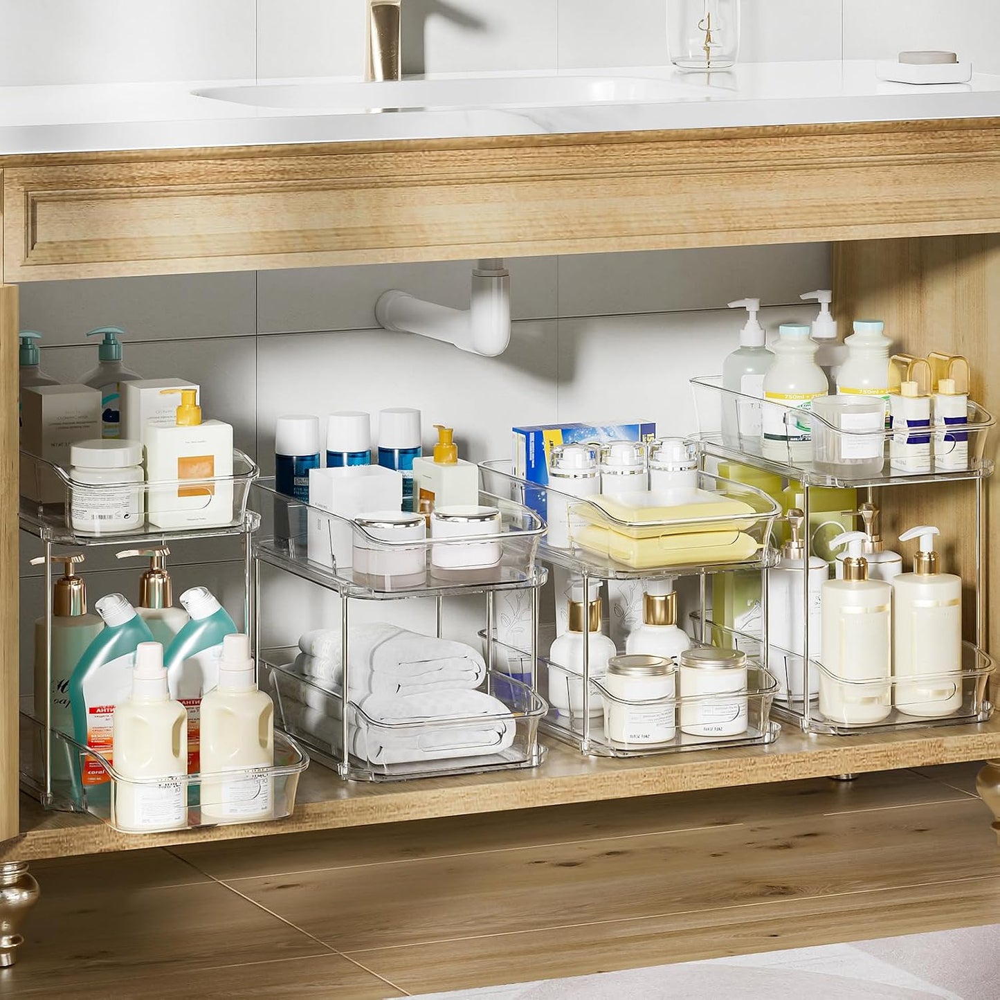 Delamu 2-Tier Under Sink Organizers and Storage, Multi-Purpose Stackable Bathroom Cabinet organizers, Pull Out Kitchen Pantry Organization and Storage with Dividers(2 Pack, Clear)