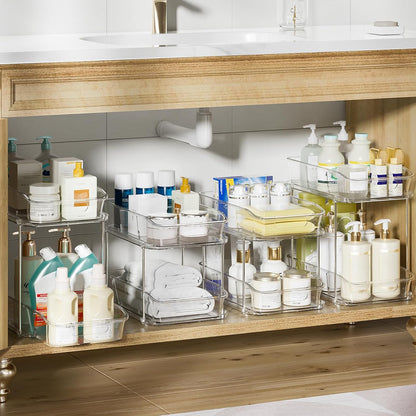 Delamu 2-Tier Under Sink Organizers and Storage, Multi-Purpose Stackable Bathroom Cabinet organizers, Pull Out Kitchen Pantry Organization and Storage with Dividers(2 Pack, Clear)