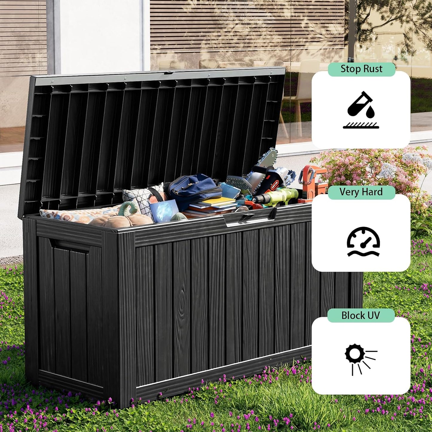 320 Gallon Waterproof Outdoor Storage Box, UV Resistant Resin Deck Box with Hydraulic Rod for Reinforced Stability, Perfect for Patio, Garden, and Pool（Black，320 Gallon）