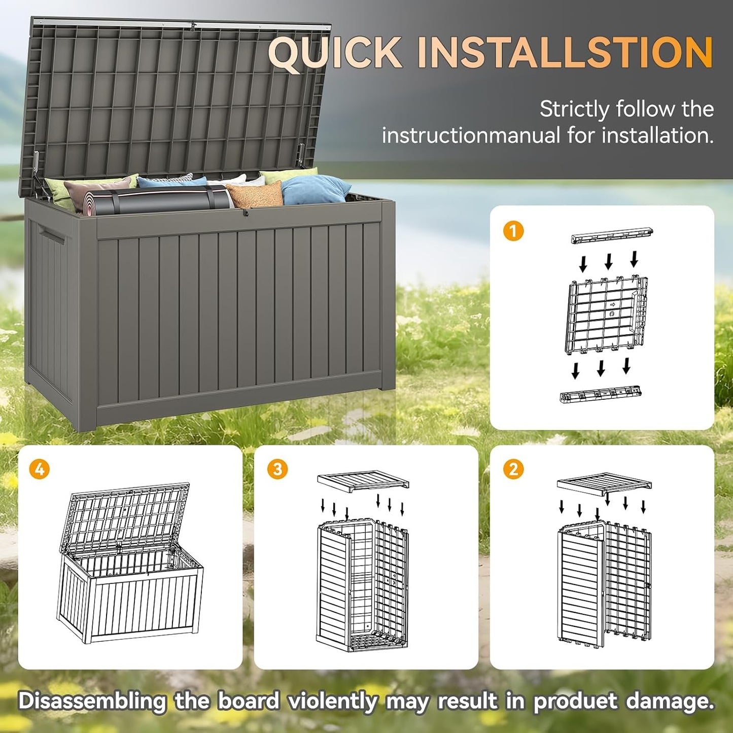 NUNU LAB Outdoor Storage Box, 45 Gallon Outside Deck Box Waterproof, Resin Outdoor Storage Cabinet With Lockable Lid, Backyard Storage Bench For Garden Tools, Patio Cushions, Pool Tools, Black