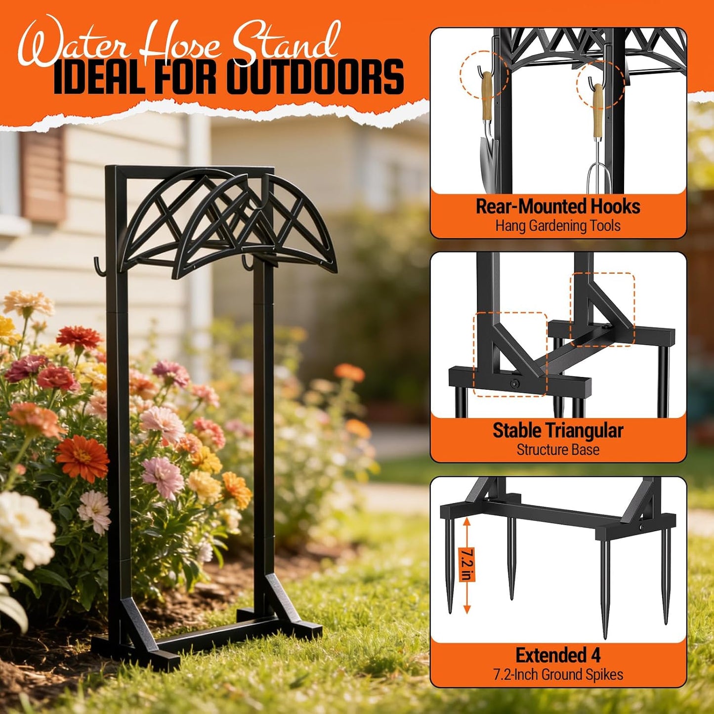 Garden Hose Holder, Heavy-Duty Water Hose Reel with Stable Base & 2 Tool Hooks, Freestanding Storage Rack for Outside, Holds 150ft – Metal Stand for Yard & Lawn