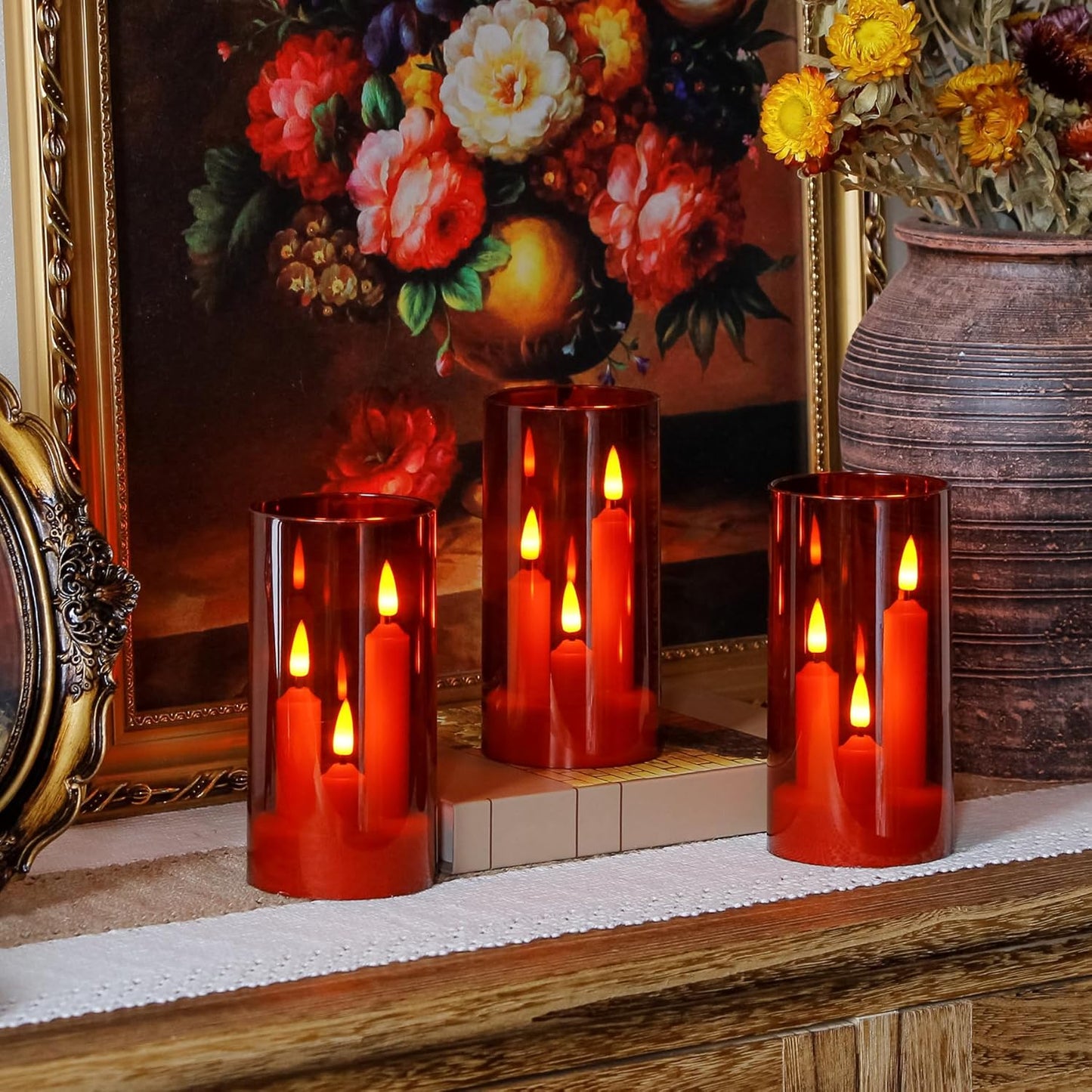 3 in 1 Flameless Taper Short Candles with 10 Key Remote Control and Timer, Battery Operated Pack of 2 LED Acrylic 3" x6" Grey Pillar Flickering Warm Light