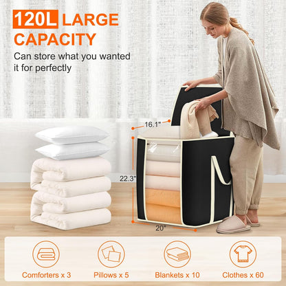 MISSLO King Comforters Storage Bag 120L for Blankets Clothes Sweaters Beddings Organizer with Reinfored Handles Non-Metal Fabric Storage Bin Organizer, Black