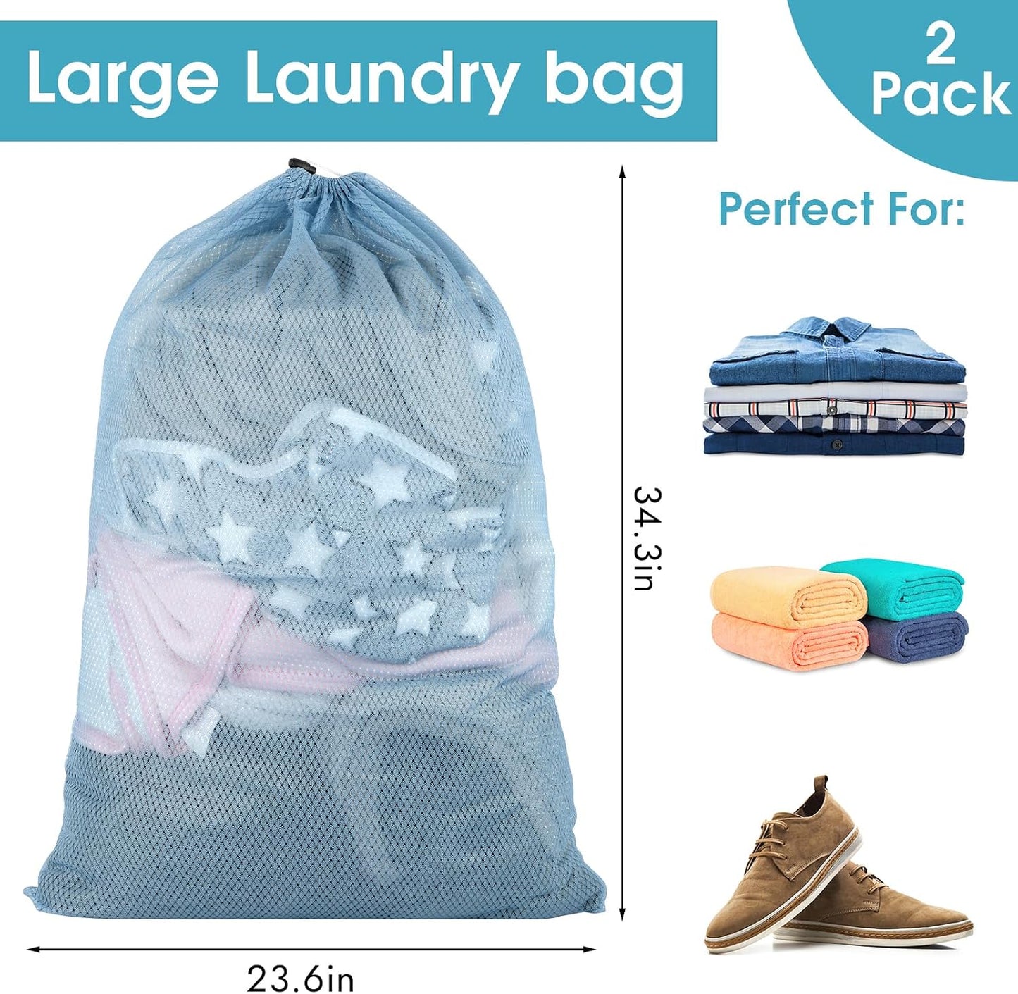 2 Pack Mesh Laundry Bags, 23 x 34 Inches Heavy Duty Mesh Laundry Bag, Large Laundry Drawstring Bag for College, Dorm, Travel, Family and Apartment Dwellers, Black