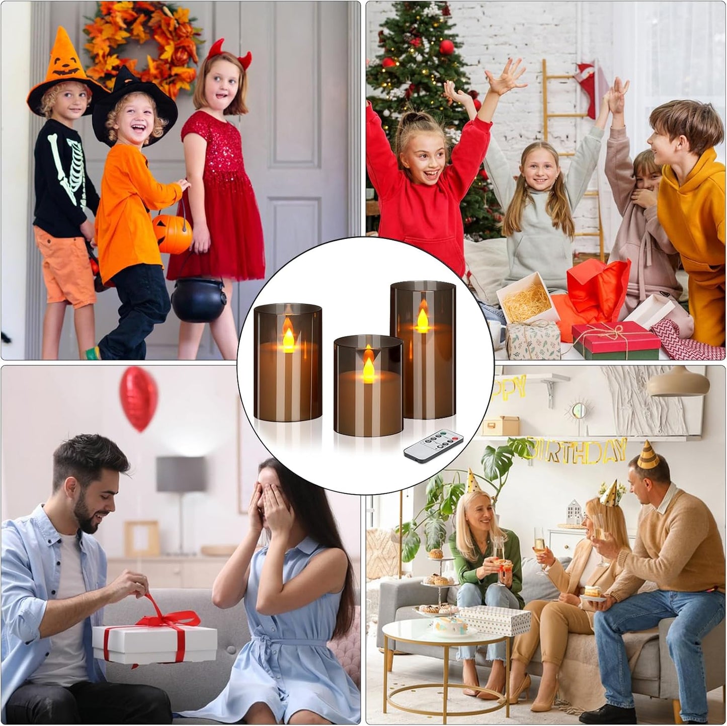 wemarry Flameless Candles 4" 5" 6" Acrylic Glass Pillars 3" Diameter Battery Operated Flickering Candles Include 8-Key Remote with Timer Function 400+ Hours (Amber, Warm Light 3 Pack)