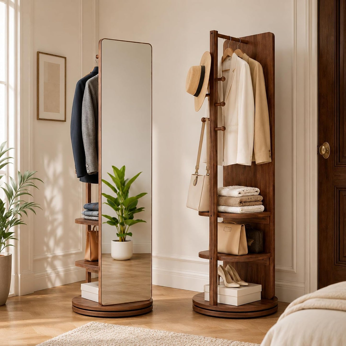 Full Length Mirror with Coat Rack & Storage, 360° Rotating Solid Wood Standing Floor Mirror with Shelves for Bedroom, Entryway, Dressing Room (Natural Wood, 66" x 18")
