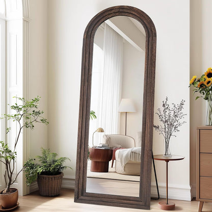 Solid Wood Full Length Mirror - 65"x22" Arched Floor Mirror, Free Standing & Wall Mounted - Elegant Design for Bedroom, Dressing Room, Hallway, Brown