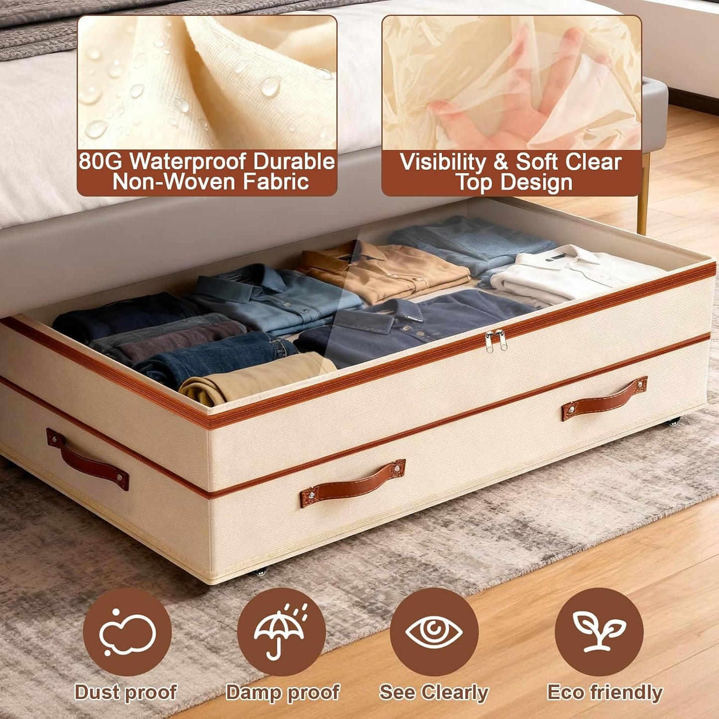 Dolicer 2 Pack Under Bed Storage with Wheels, 6in-10in Height Adjustable Underbed Storage Containers, 92L XXXL Under Bed Drawers Rolling Bin with Clear Lids for Dorm Shoes Clothes Organizers(Grey)