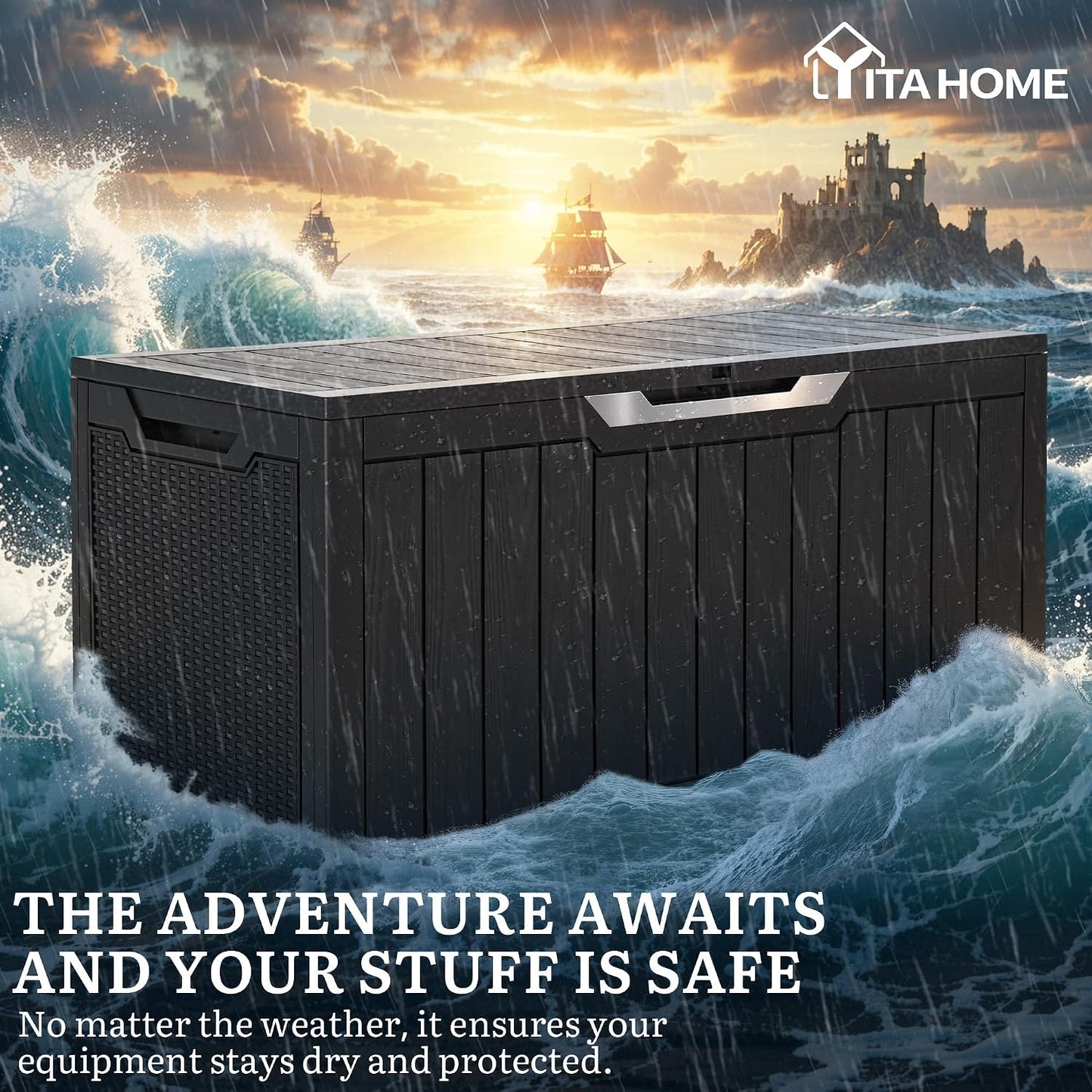 YITAHOME 100 Gallon Large Outdoor Deck Box | Waterproof Resin Storage Box, Lockable Indoor Outdoor Storage Container for Patio Furniture Cushions, Pool Accessories