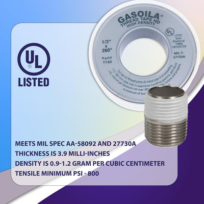 Gasoila PTFE Thread Seal Tape – Professional-Grade, 1/4 Inch x 260 Inch, High-Density Thread Tape for Plumbing, HVAC, Gas Lines, Water Pipes, and Air Compressors – Leak-Proof Seal, Non-Toxic