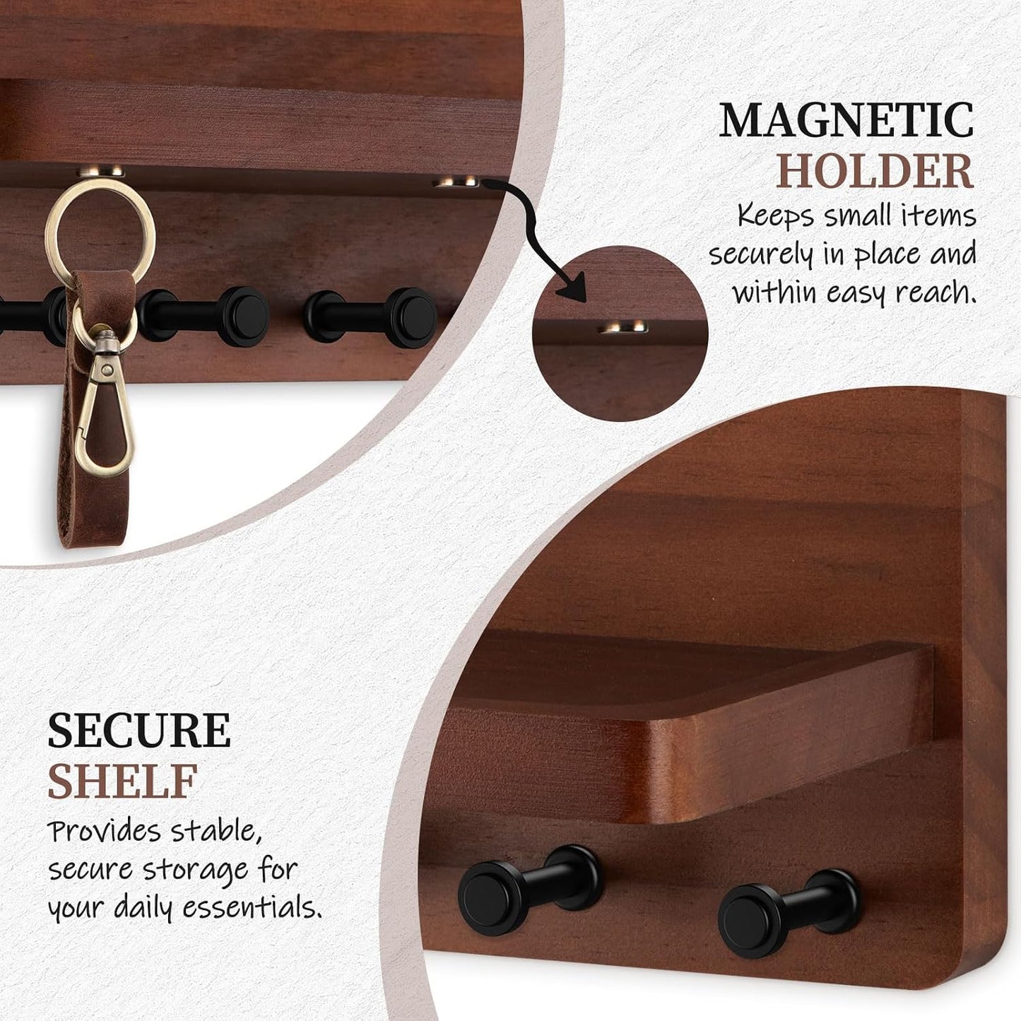 Nekon Key Holder for Wall with Shelf, Pine Wooden Key Hanger Wall Mounted, Farmhouse Wall Organizer for Home Entryway & Apartment (Standard, Wood)