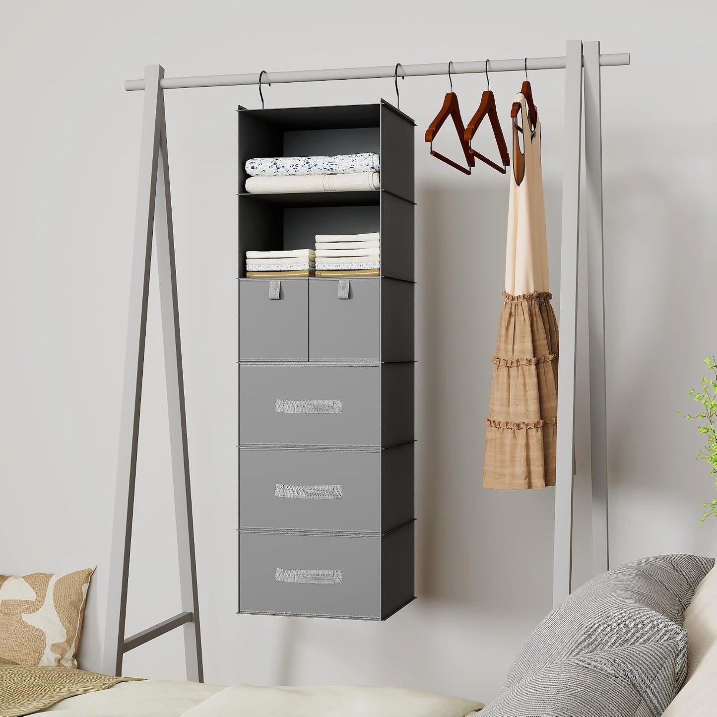 6-Shelf Hanging Closet Organizer with 5 Drawers, Non-Woven Storage, Black | Spacious compartments sort clothes & undergarments; foldable drawers add hidden storage for closets, wardrobes or RVs.