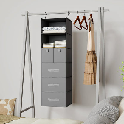 6-Shelf Hanging Closet Organizer with 5 Drawers, Non-Woven Storage, Black | Spacious compartments sort clothes & undergarments; foldable drawers add hidden storage for closets, wardrobes or RVs.