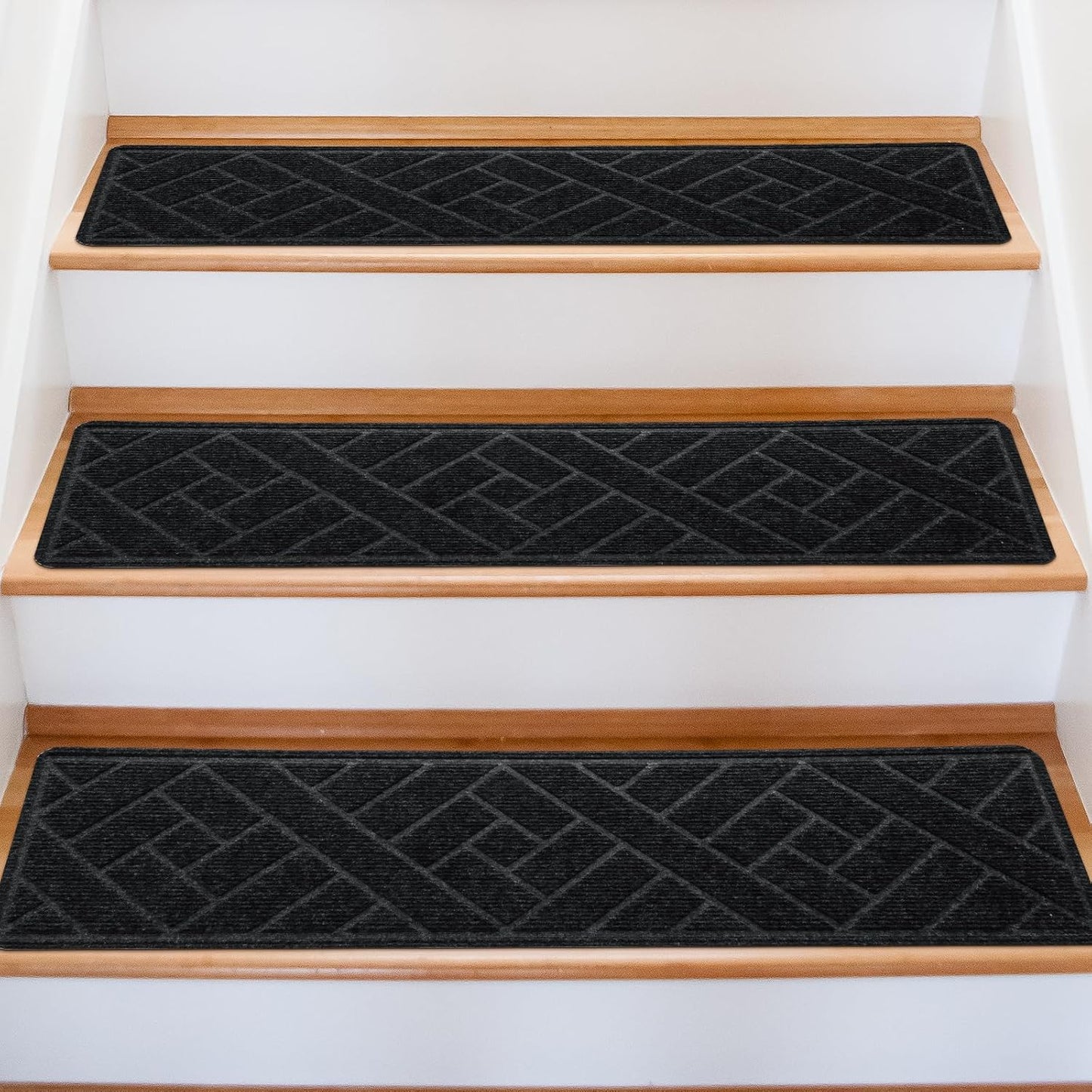 15 Pack 8 "X 30" Non-Slip Carpet Stair Treads for Indoor Wooden Steps, Made of Polyester and Reusable Adhesive, Suitable for Kids Elders and Pets（Black Lines）
