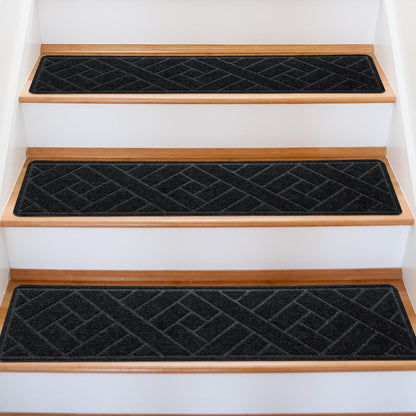 15 Pack 8 "X 30" Non-Slip Carpet Stair Treads for Indoor Wooden Steps, Made of Polyester and Reusable Adhesive, Suitable for Kids Elders and Pets（Black Lines）
