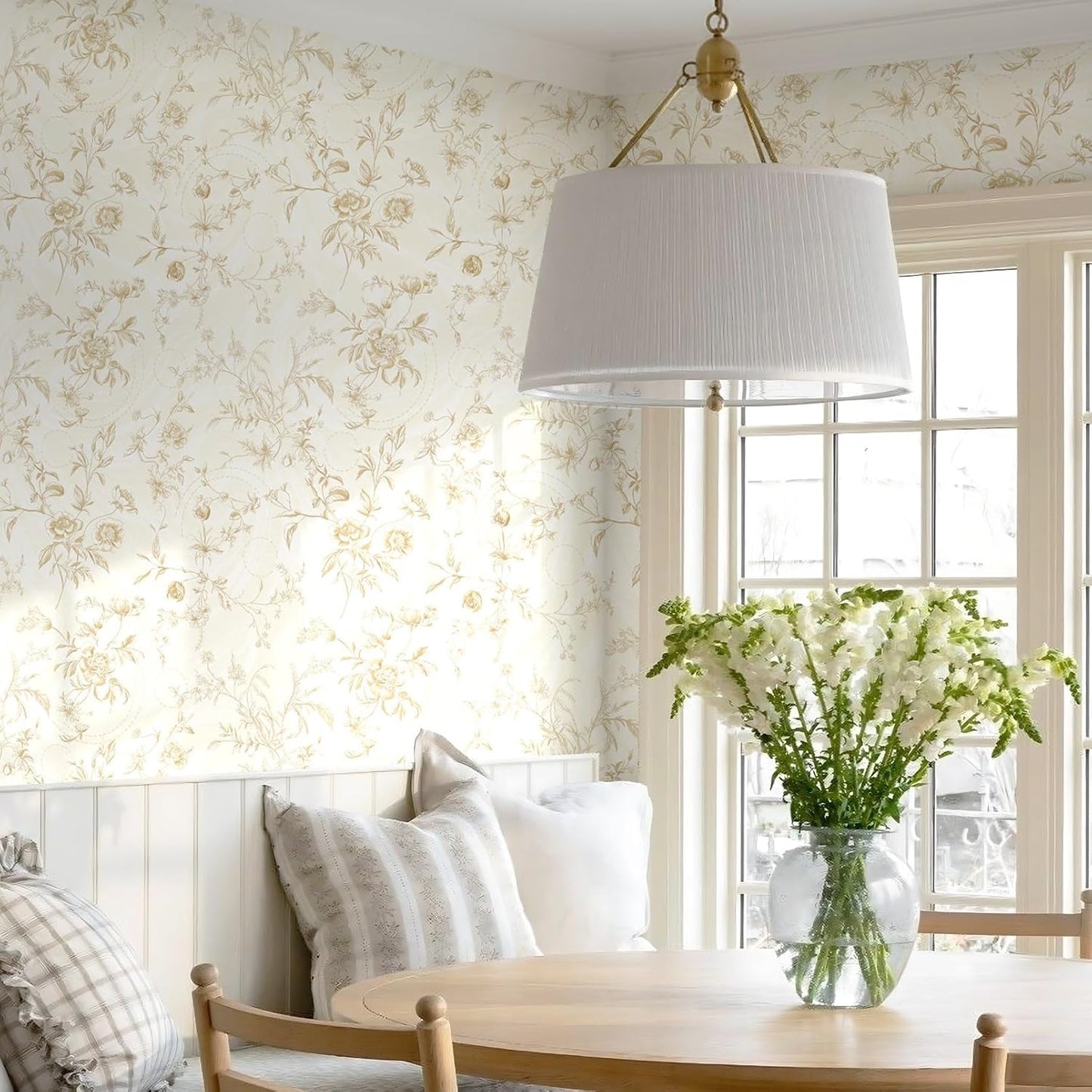 Dimoon 17.3''x78.7'' Vintage Peel and Stick Wallpaper Boho Beige Neutral Contact Paper White Floral Bird Wallpaper Removable Botanical Renter Friendly Modern Wall Paper Bedroom Bathroom Vinyl Roll