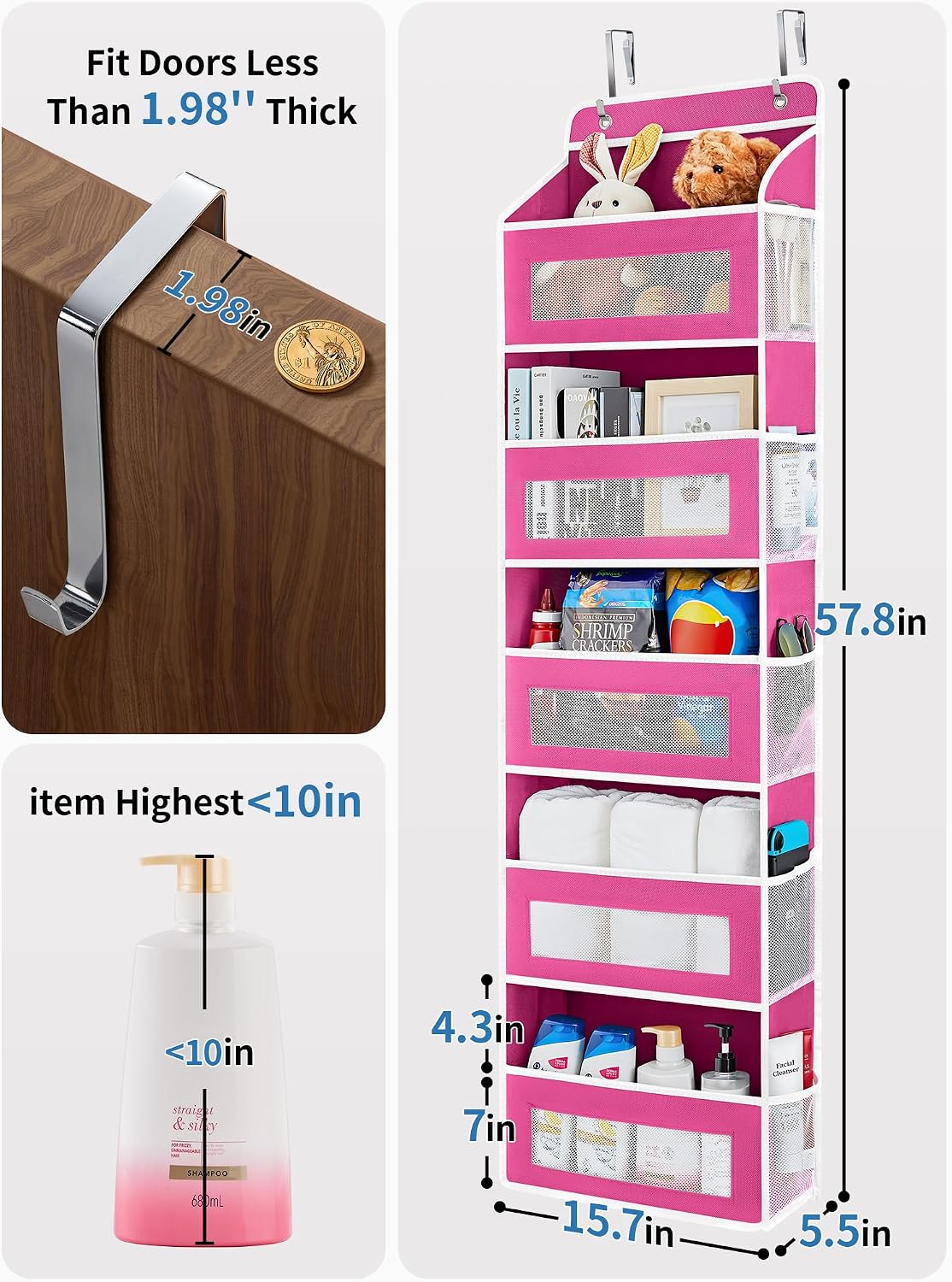 JARLINK 2 Pack Over the Door Organizer Storage, 5 Shelf Hanging Door Organizer with 5 Large Capacity Pockets, Anti Tilt 44 lb Load Behind Door Storage for Bedroom, Bathroom, Pantry, Nursery, (Grey)
