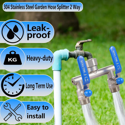 304 Stainless Steel Garden Hose Splitter 2 Way Heavy Duty, Full Flow Hose Splitter with Long Handle,Lead-free T Valve Rust and Freeze Resistant,3/4" GHT Threads