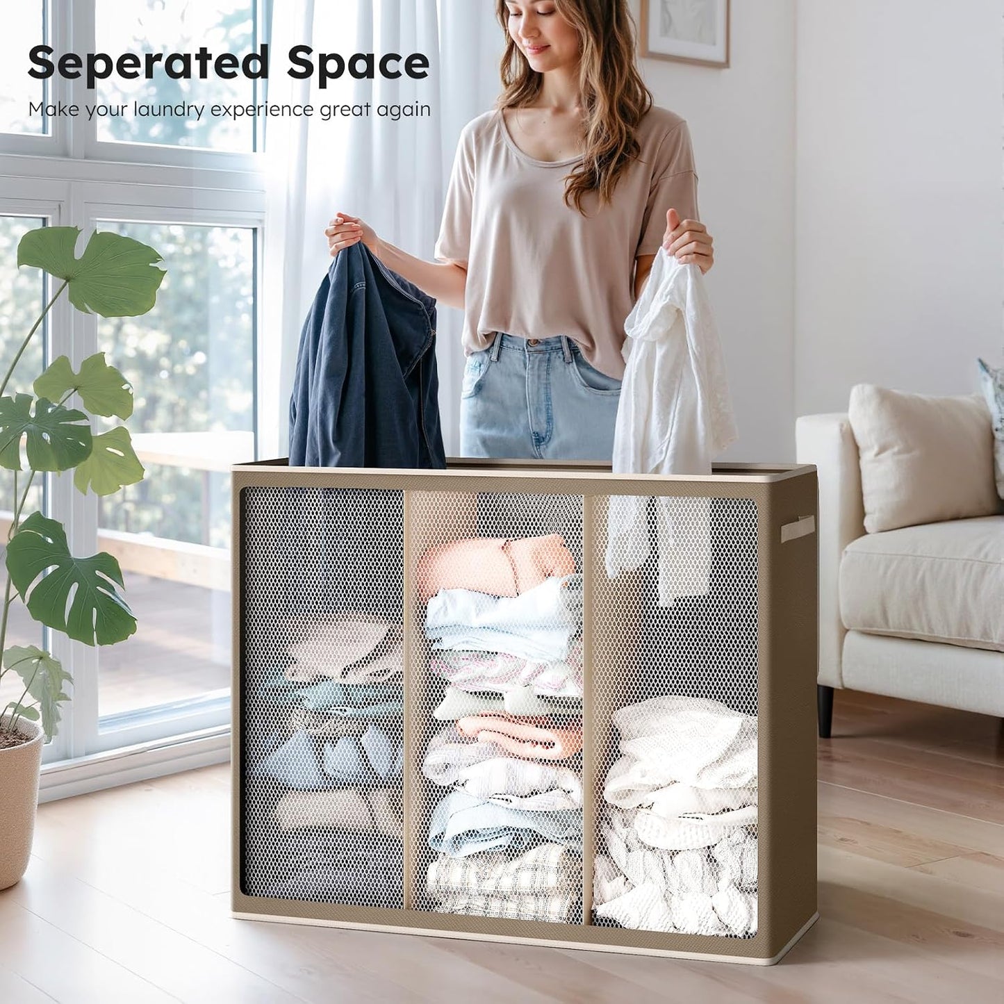SOLEDI 180L Laundry Hamper 3 Section, Extra Large Laundry Hamper with Lid, Dirty Clothes Hamper with Sturdy Handle, Large Laundry Basket Organizer for Laundry Room, Bedroom, Hampers for Laundry