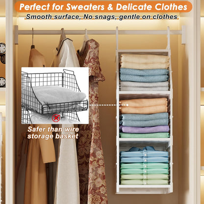 Honkazita 3-Tier Foldable Hanging Closet Organizer, Free-Standing | Closet Hanging Organizer for Wardrobe, Laundry Room, Plastic Hanging Closet Shelves for Clothes, Handbags, Accessories (White)